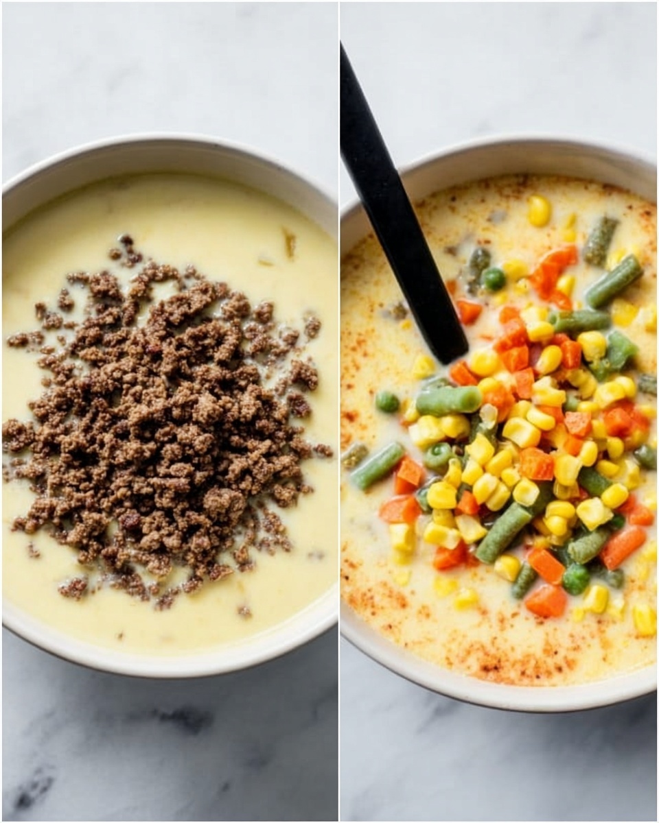 The image shows two white bowls on a white marbled surface, each with a creamy yellow soup base. The left bowl has a layer of finely crumbled cooked ground beef piled in the center, with the soup's smooth creamy texture visible around the edges. The right bowl contains the same creamy soup, topped with a colorful mix of frozen vegetables including yellow corn, orange carrot pieces, and green beans evenly spread on top with a black spoon partially submerged in the soup. photo taken with an iphone --ar 4:5 --v 7