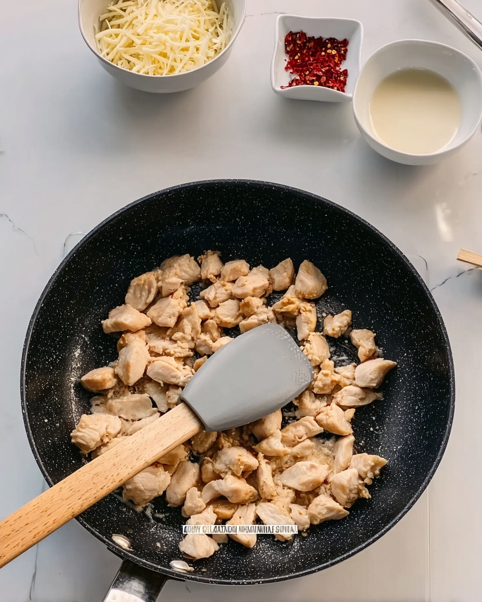 The image shows a black cooking pan on a white marbled surface. Inside the pan, small pieces of light beige cooked chicken are spread out evenly. A wooden-handled spatula with a grey scoop is positioned over the chicken, stirring or moving the pieces. In the background, there are three white bowls: one filled with shredded cheese, one with red seasoning or small red pieces, and one containing a creamy white liquid, all resting on the white marbled surface. Photo taken with an iphone --ar 4:5 --v 7