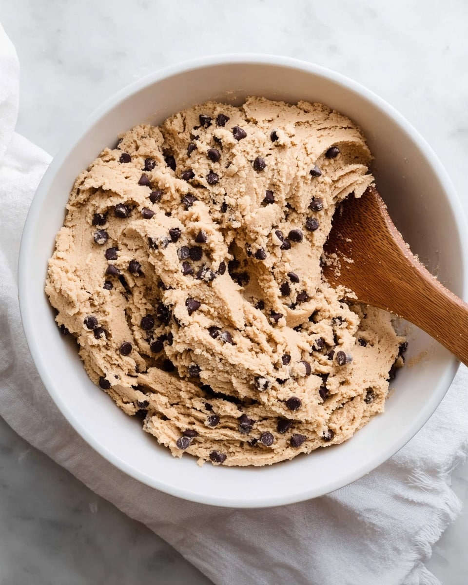 A white bowl filled with light brown cookie dough that is mixed with small dark chocolate chips. The dough looks soft and slightly crumbly. A wooden spoon is partially pressed into the dough, showing its thick texture. The bowl is placed on a white marbled surface, and the edge of a white cloth is visible under the bowl. photo taken with an iphone --ar 4:5 --v 7
