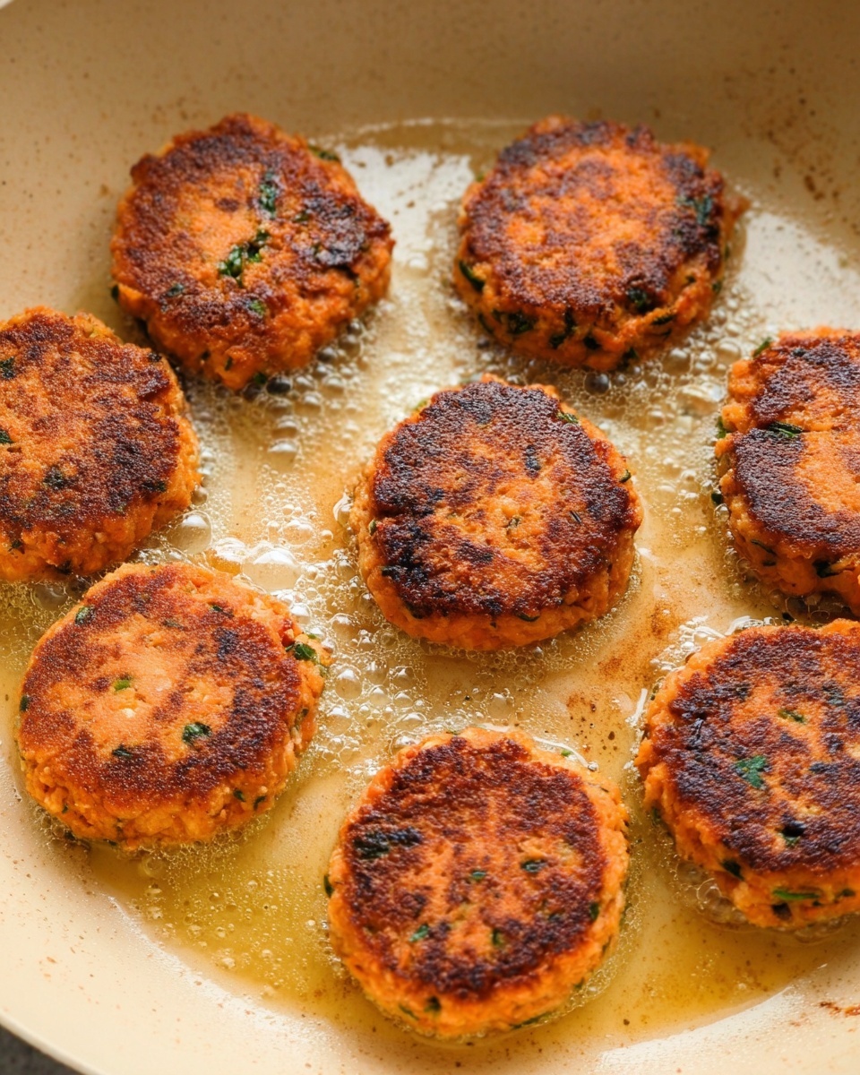 The image shows a close-up of eight small, round patties cooking in a light tan frying pan. Each patty has a crispy, browned top layer with visible green herbs mixed throughout. The patties have an orange color underneath, contrasting with the darker browned crust. Small bubbles of oil surround the patties, giving a slight shine to the cooking surface. The pan has a smooth light tan inside with some oil spots and browning marks where the patties are sitting. The overall scene captures the texture of the crispy crust against the tender orange filling inside. Photo taken with an iphone --ar 4:5 --v 7