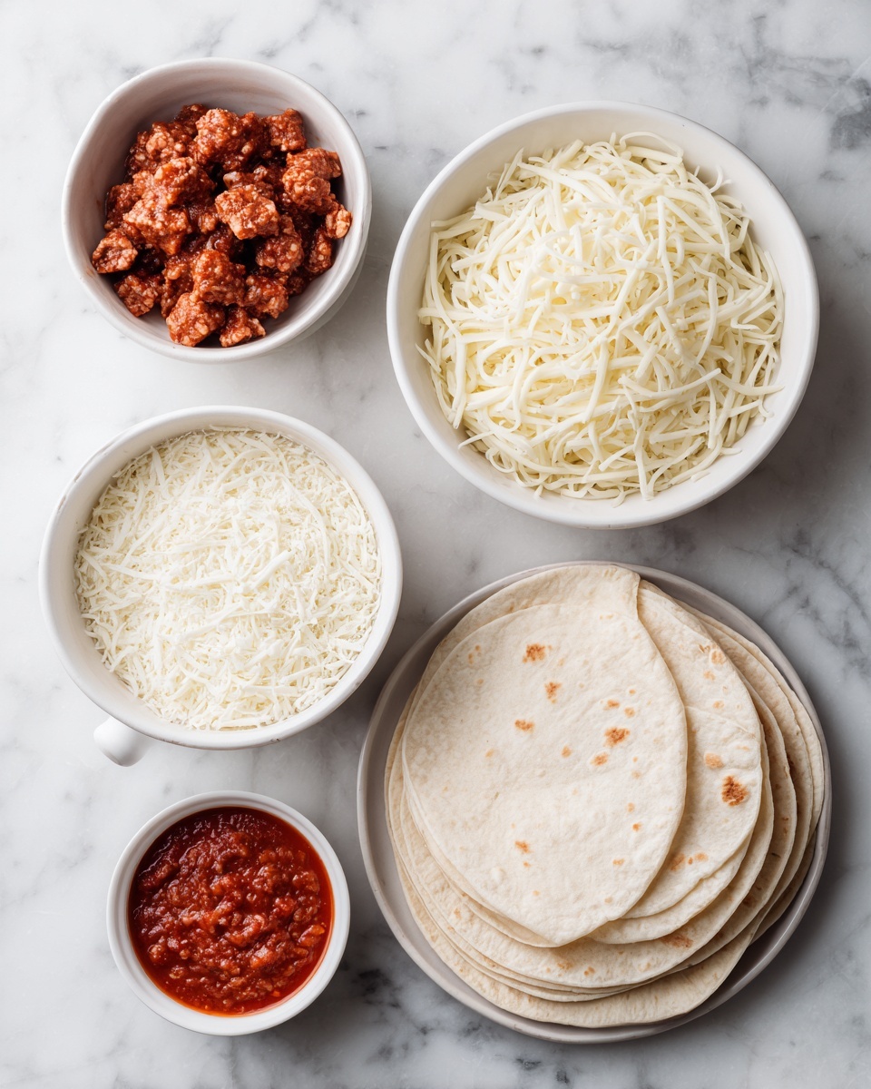 Top-down professional food photography flat lay style, bright white marble countertop, neatly arranged, evenly spaced, tidy, clean organized layout, include: bowl of prepared meat pieces halved, small bowl of spaghetti sauce, bowl of shredded mozzarella cheese, stack of flour tortillas on a small plate, bright soft natural lighting, sharp focus, high detail textures, realistic reflections, professional DSLR look, 4K, no finished dish, no cooked food, no hands, no text, no watermark, no brand logos --ar 4:5 --v 7