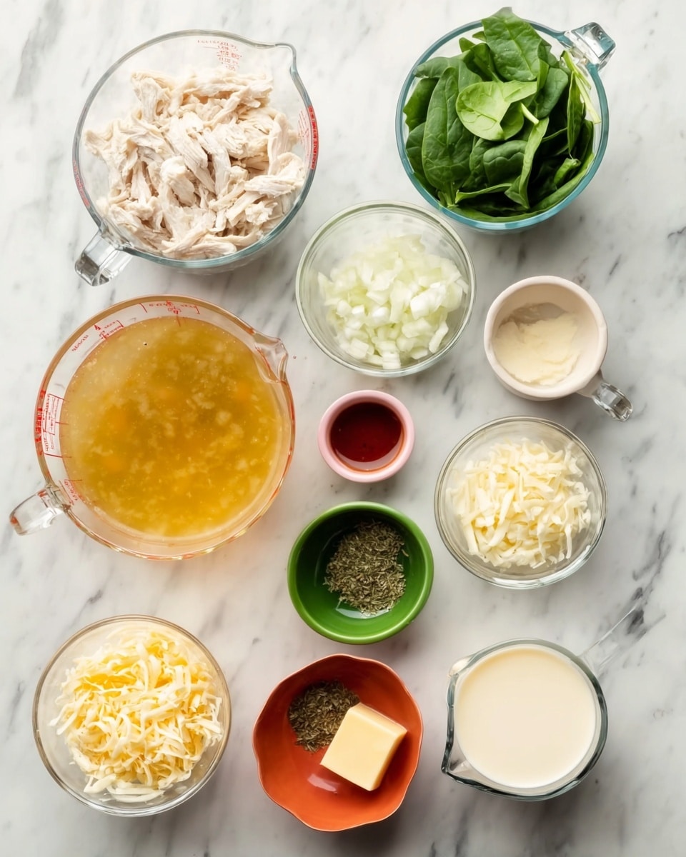 The image shows nine small bowls and measuring cups placed on a white marbled surface, each filled with different cooking ingredients. Starting from the top left, there is shredded white chicken in a clear glass measuring cup, fresh green spinach leaves in another clear glass measuring cup to the right, and below that a small white bowl filled with chopped white onions. To the left of the onions, a large clear glass measuring cup filled with golden broth. In the center, there is a small green bowl of minced garlic, a bright red bowl of dried herbs, and a small orange bowl with a square of butter. At the bottom left, a clear measuring cup has shredded cheese, next to it a small pink bowl with olive oil, and to the right a clear measuring cup filled with cream. The bowls and cups are arranged neatly over the marbled surface, all holding fresh ingredients for cooking. Photo taken with an iphone --ar 4:5 --v 7