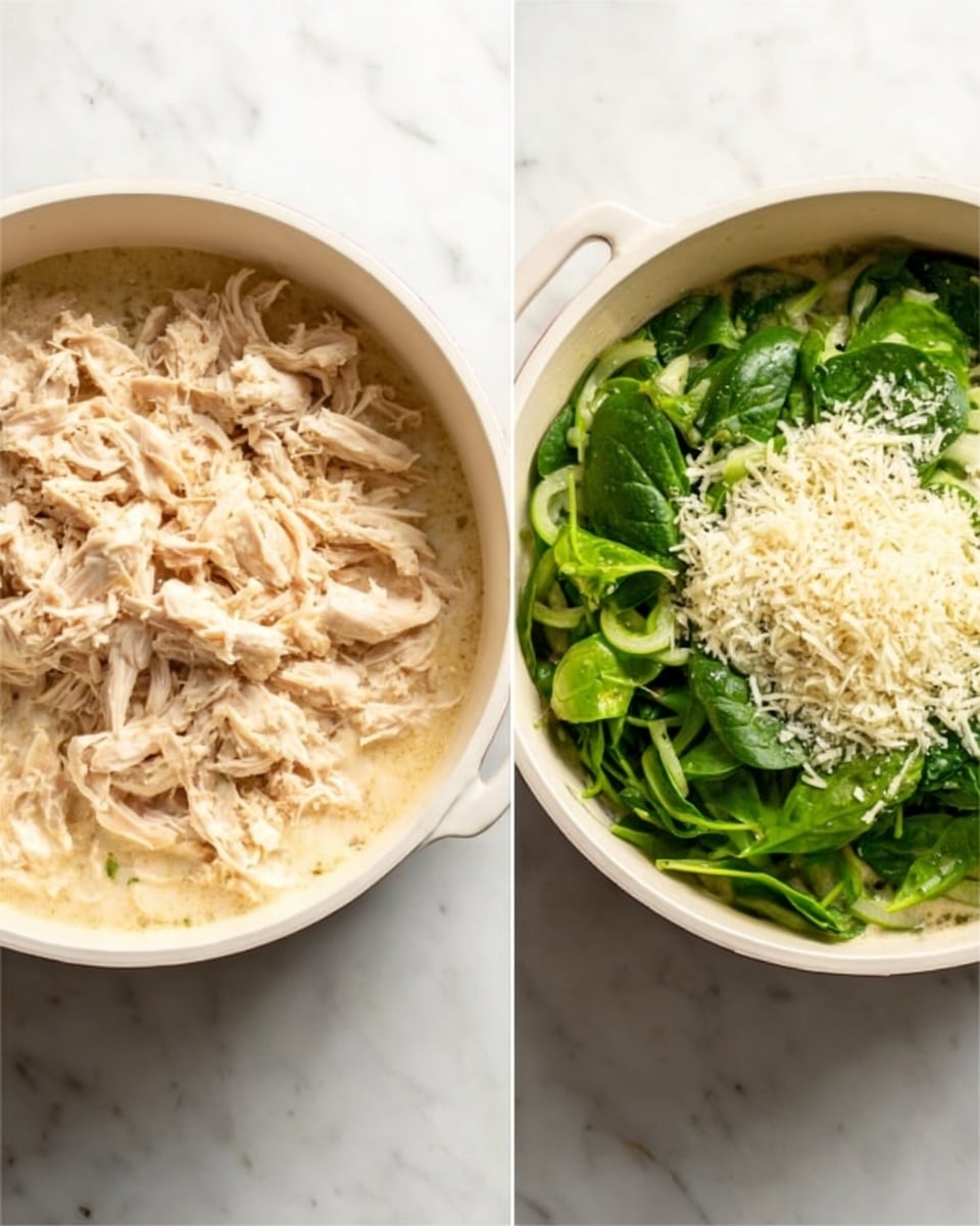 The image shows two white pots on a white marble surface. The left pot contains shredded light beige chicken sitting in a creamy pale sauce, filling most of the pot with a smooth texture. The right pot shows a mix of bright green fresh spinach leaves and green sliced vegetables on top of the creamy sauce and chicken base, sprinkled with a layer of small, pale grated cheese on the top center. The colors contrast between soft cream, light brown, and vibrant green layers. Photo taken with an iphone --ar 4:5 --v 7