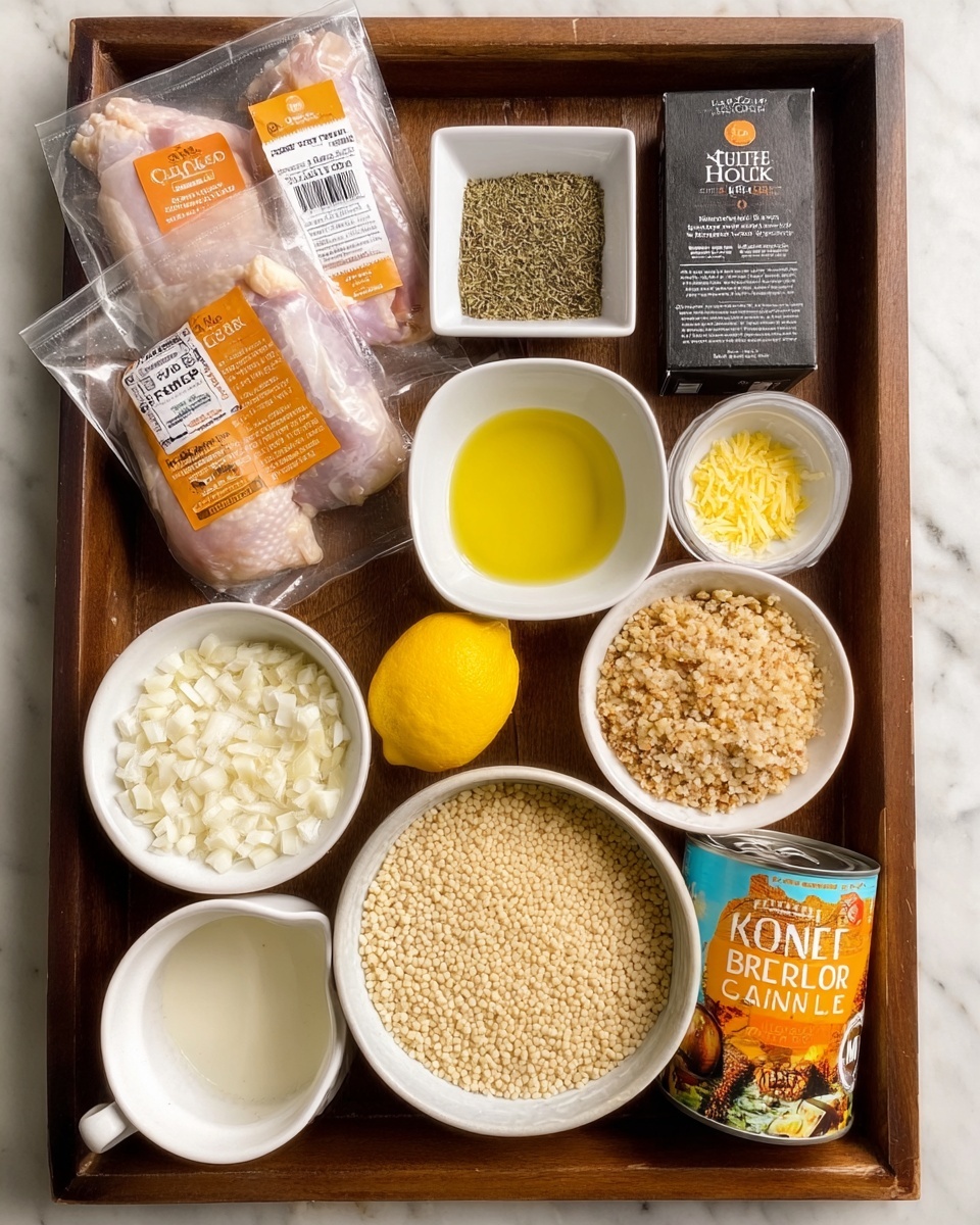 The image shows a brown wooden tray on a white marbled surface holding an assortment of cooking ingredients arranged neatly. In the top left corner, there is a sealed pack of raw chicken thighs with visible labels. Next to it is a small square white plate containing a mixture of dried herbs. To the right, a small white bowl holds light yellow liquid oil. Below that, a small white bowl is filled with finely chopped garlic. Next to the garlic is a small white bowl containing lemon zest. Near the bottom right, a whole yellow lemon sits beside a white can of cannellini beans with a colorful label. In the center, a medium white bowl contains a finely grated pale cheese. Below this is a small white pitcher with a creamy white liquid. In the bottom left corner, a large white bowl is filled with chopped white onions, and next to it, another large white bowl contains uncooked light brown rice. In the middle bottom, a black carton labeled