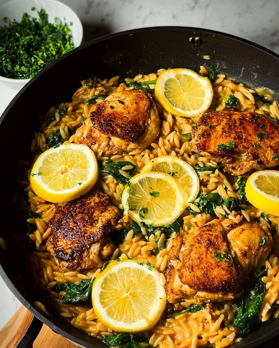 A black pan filled with a dish showing four golden-brown cooked pieces of chicken placed on top of a bed of creamy orzo pasta mixed with green spinach leaves throughout. Three thin lemon slices are evenly placed over the chicken and orzo, adding a fresh yellow contrast. The orzo has a light orange sauce coating it, giving the dish a warm tone. On the side, near the back, a white bowl of chopped green herbs sits on a white marbled surface. The lighting highlights the texture and colors vividly. Photo taken with an iphone --ar 4:5 --v 7
