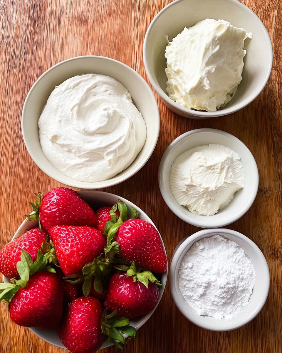 The image shows four white bowls placed on a wooden table. One bowl holds bright red strawberries with green tops, full and fresh. Another bowl contains thick white cream, smooth and swirled. A third bowl has soft, spreadable cream cheese, also white and creamy with texture marks. The last bowl is filled with white powdered sugar, fluffy and fine. The bowls are arranged close together on the table, showing a mix of natural and creamy textures. Photo taken with an iphone --ar 4:5 --v 7
