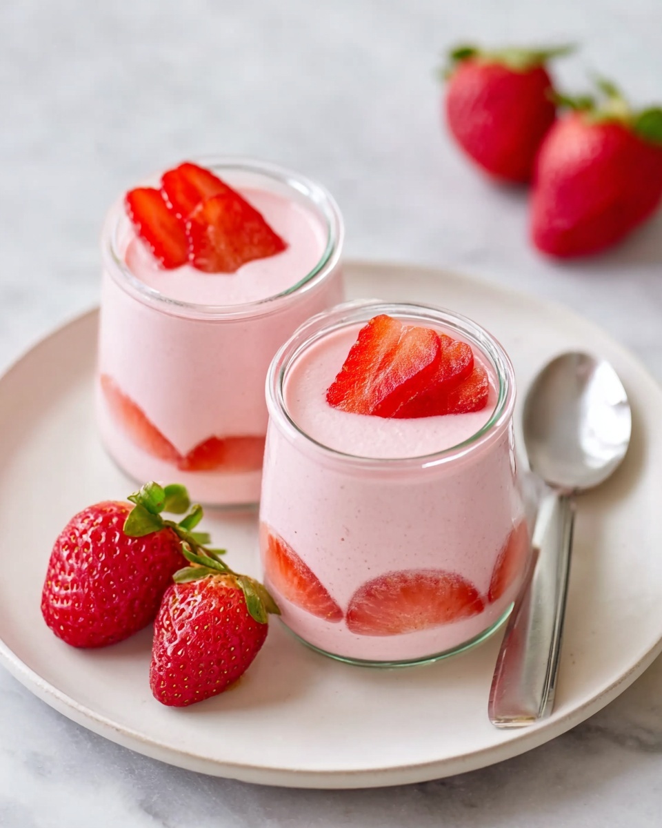 Two small clear glass jars filled with a smooth pink creamy dessert are placed on a large white plate. Each jar has thin slices of red strawberries pressed against the inside, creating a colorful layer at the bottom and sides before the pink creamy layer fills the rest. Around the jars on the plate are fresh whole red strawberries with green stems, adding bright red color. A shiny silver spoon is resting on the plate near one jar. The scene is set on a white marbled surface, giving a clean and fresh look. photo taken with an iphone --ar 4:5 --v 7