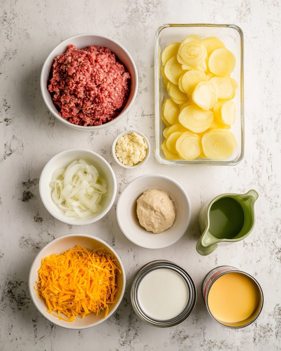 The image shows a flat lay of cooking ingredients arranged on a white marbled surface. Starting from the top left, there is a white bowl holding red ground meat with a coarse texture. To the right, there is a transparent rectangular container filled with thin, yellow potato slices in liquid. Below the meat bowl, a small white bowl contains finely chopped white onions. In the center is a tiny white bowl with a beige paste-like ingredient. To the right of it is a small green pitcher filled with white milk. Below the onion bowl, a white bowl has bright orange shredded cheese with a fine texture. Nearby are two cans, one open showing a smooth cream sauce, and the other with a thicker beige sauce. Next to the cans, a small cup contains a yellow creamy mixture. All items are neat and clearly visible. Photo taken with an iphone --ar 4:5 --v 7