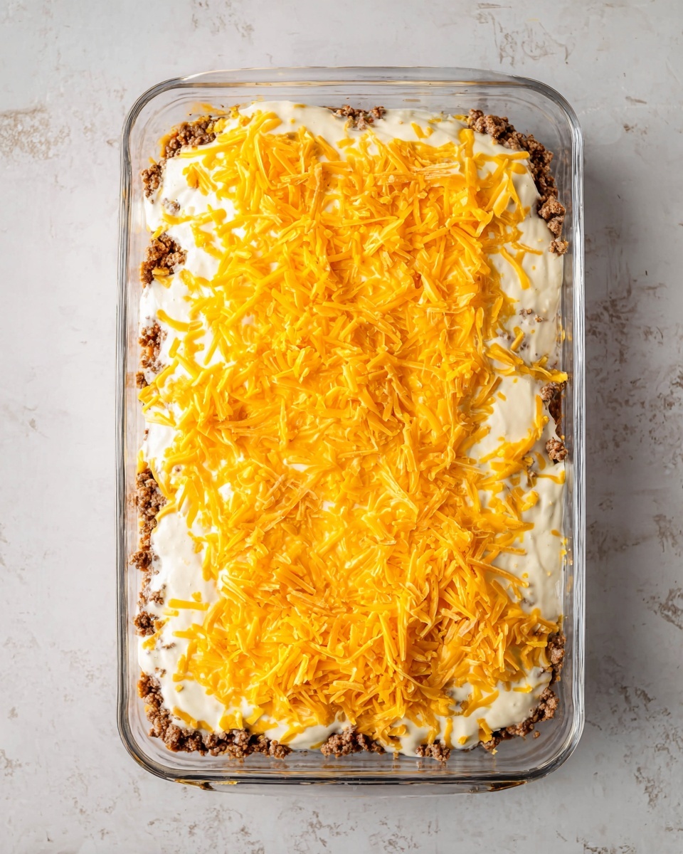 A rectangular clear glass baking dish is filled with three visible layers. The bottom layer is ground meat, brown and crumbly, along the edges of the dish. Above it is a thick, creamy white sauce that covers the meat evenly. The top layer is bright orange shredded cheese spread all over the white sauce. The dish is placed on a white marbled textured surface. photo taken with an iphone --ar 4:5 --v 7