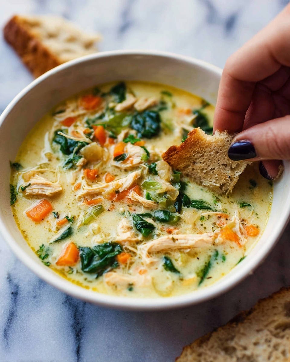 A white bowl holds a creamy soup filled with small pieces of orange carrots, green spinach leaves, and shredded chicken mixed throughout the light yellow broth. A woman's hand with dark nail polish dips a brown piece of torn bread into the soup near the edge of the bowl. Another piece of bread lies out of focus in the foreground. The bowl sits on a white marbled surface. The colors are warm and inviting, with a soft texture on the soup and a rough texture on the bread photo taken with an iphone --ar 4:5 --v 7