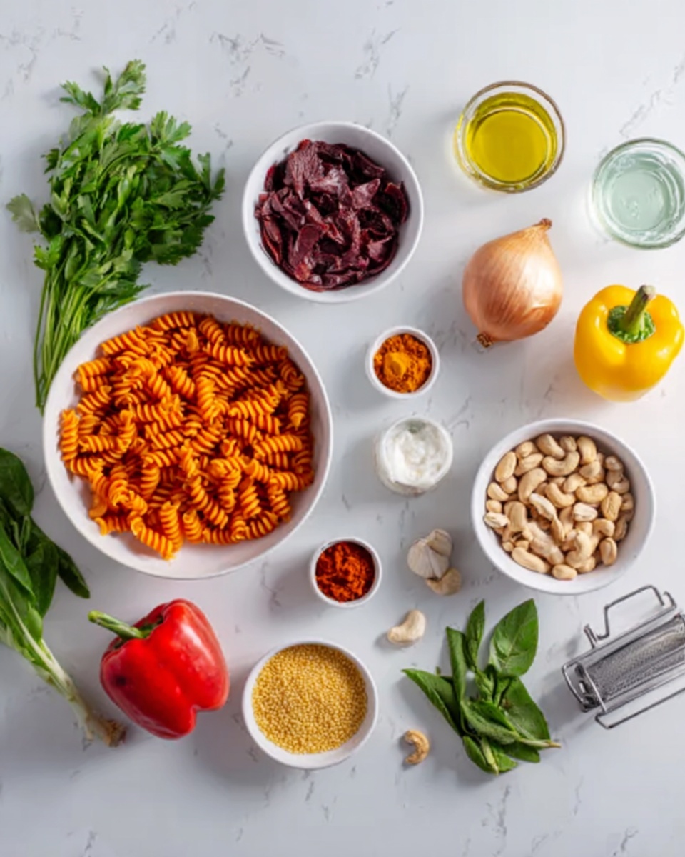 The image shows a white marbled surface laid out with various cooking ingredients in white bowls and small containers. There is a large white bowl filled with orange spiral pasta, two soaked dried purple ingredients, and another large white bowl with light brown beans. Small white dishes hold colorful spices, red paste, and creamy white sauce. Fresh vegetables include two small yellow onions, a red and a yellow bell pepper, two lemon halves, garlic, and fresh green herbs. A small white container has golden yellow grains, and a metal sieve holds cashews. Olive oil is in a small clear container, all placed neatly over the white marbled background. photo taken with an iphone --ar 4:5 --v 7