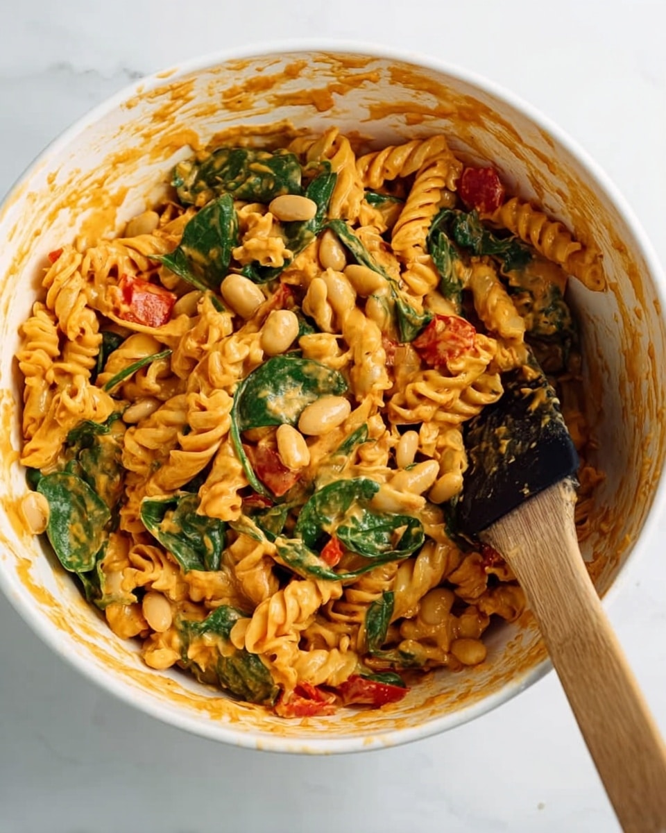 A white bowl filled with a creamy pasta salad made with spiral rotini pasta coated in an orange sauce, mixed with green spinach leaves and chunks of red bell pepper. Large white beans are scattered throughout the dish adding texture, while a wooden spatula with a black silicone head is partially submerged on the right side, mixing the ingredients. The inside edge of the bowl has sauce spots, showing a rustic, fresh mix. The background is a white marbled surface. Photo taken with an iphone --ar 4:5 --v 7