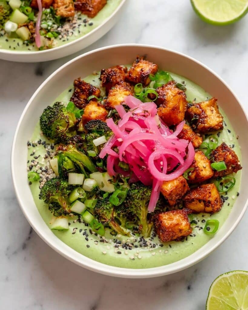 Gochujang Broccoli Tofu Bowl with Avocado Edamame Spread Recipe