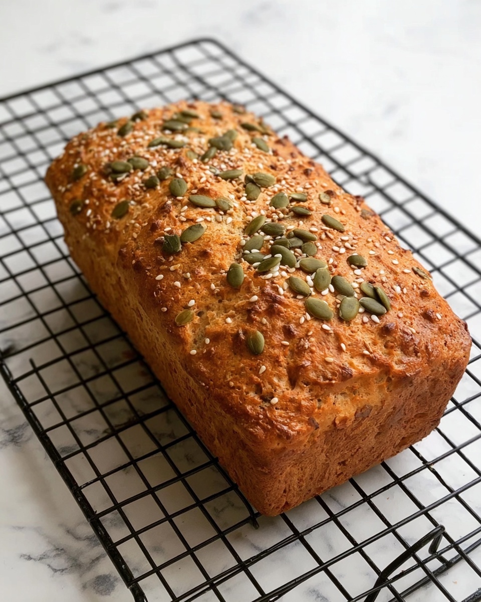 A single loaf of bread with a golden-brown crust sits on a black cooling rack that has a simple grid pattern. The bread is topped with scattered sesame seeds and green pumpkin seeds. The surface underneath the rack is a white marbled texture. The loaf has a slightly rough texture with cracks on the sides and looks freshly baked. photo taken with an iphone --ar 4:5 --v 7