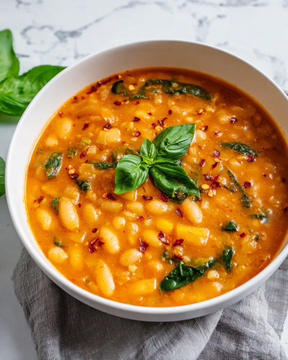 The image shows a white bowl filled with a thick orange soup that has visible chunks of yellow and white pieces, likely beans and vegetables, mixed throughout. There are green leaves, possibly spinach or basil, scattered in the soup along with red chili flakes sprinkled on top. In the center, a small cluster of fresh green basil leaves rests atop the soup. The bowl is set on a soft gray cloth against a background with a white marbled texture. photo taken with an iphone --ar 4:5 --v 7
