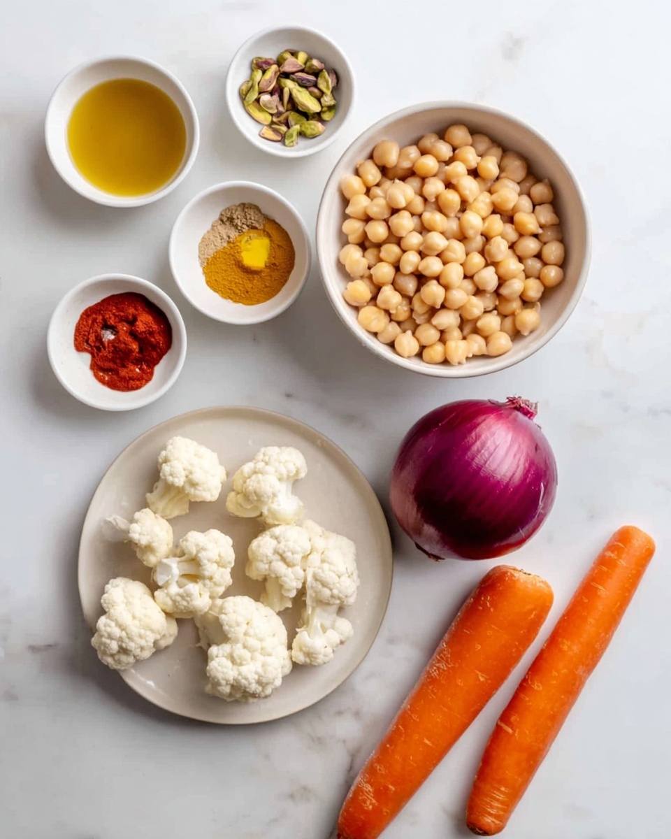 The image shows a white bowl in the center filled with light beige chickpeas. Below it, there is a white plate with small pieces of white cauliflower. To the right of the bowl, two long, bright orange carrots and a medium-sized purple onion are placed on a white marbled surface. At the top left, small white bowls hold different ingredients: the top bowl has green pistachios, the next bowl contains clear yellow oil, the third bowl has amber-colored liquid, the fourth bowl holds a mix of ground spices including yellow turmeric, and the bottom bowl has a red tomato paste. The image captures an overhead view with all items evenly spaced, on a white marbled background. Photo taken with an iphone --ar 4:5 --v 7