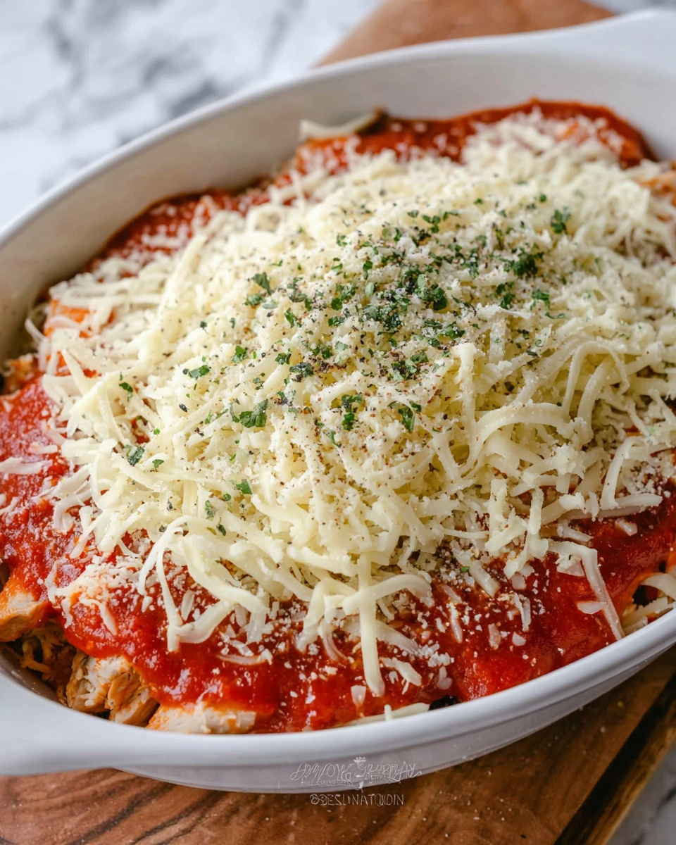 A white dish filled with three main layers: the bottom layer shows pieces of light brown cooked chicken, the middle layer is a smooth bright red tomato sauce spread evenly, and the top layer is a thick pile of shredded light yellow cheese mixed with a sprinkle of finely chopped green herbs and some black pepper. The dish sits on a wooden surface with a white marbled texture in the background. photo taken with an iphone --ar 4:5 --v 7