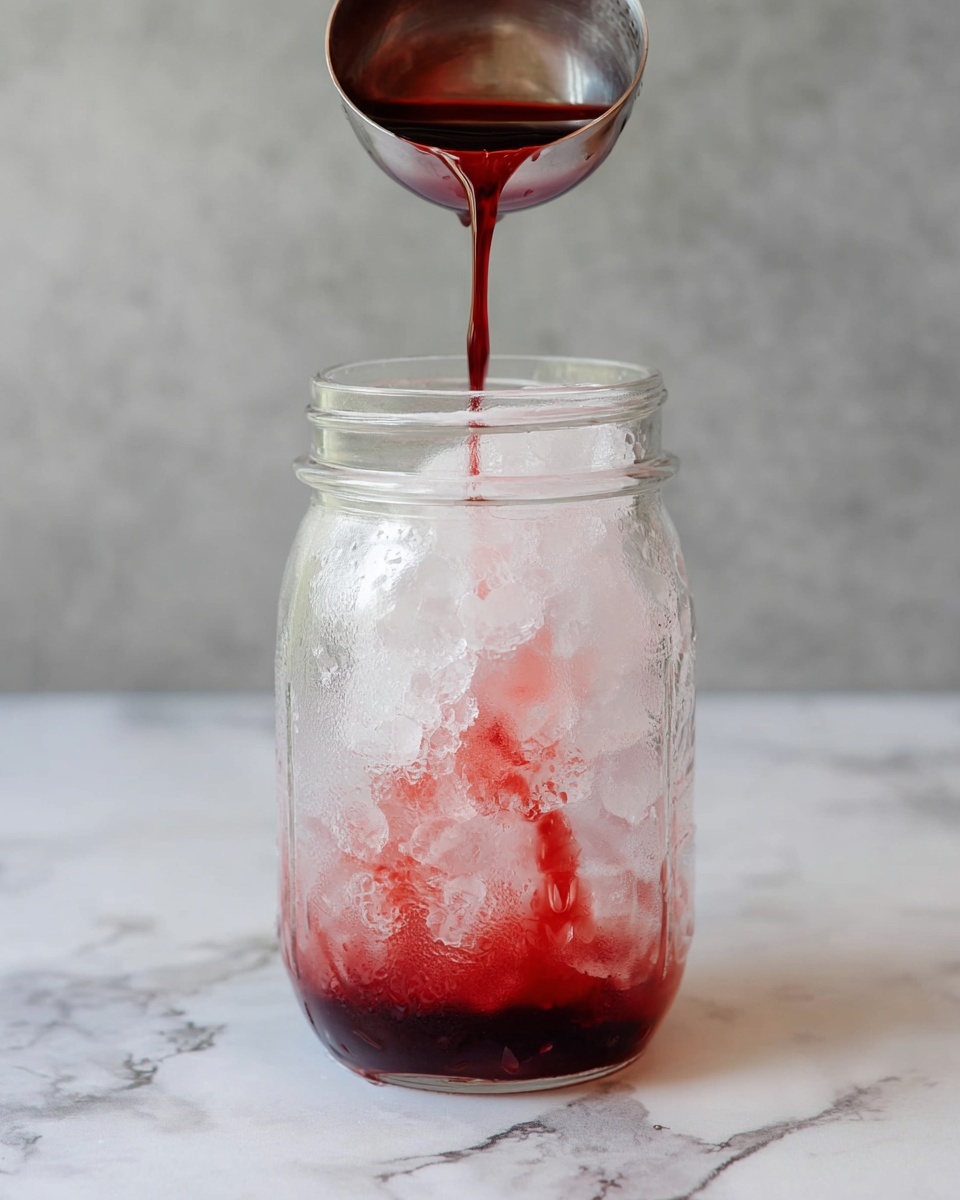 A clear glass jar filled with crushed ice is shown on a white marbled surface. A dark red liquid is being poured into the jar from a small metal cup above, creating streaks of red mixing with the ice. The jar has condensation on its outer surface, and the background is a soft gray. The focus is on the jar and the pouring liquid, capturing the contrast between the clear ice and vibrant red liquid photo taken with an iphone --ar 4:5 --v 7
