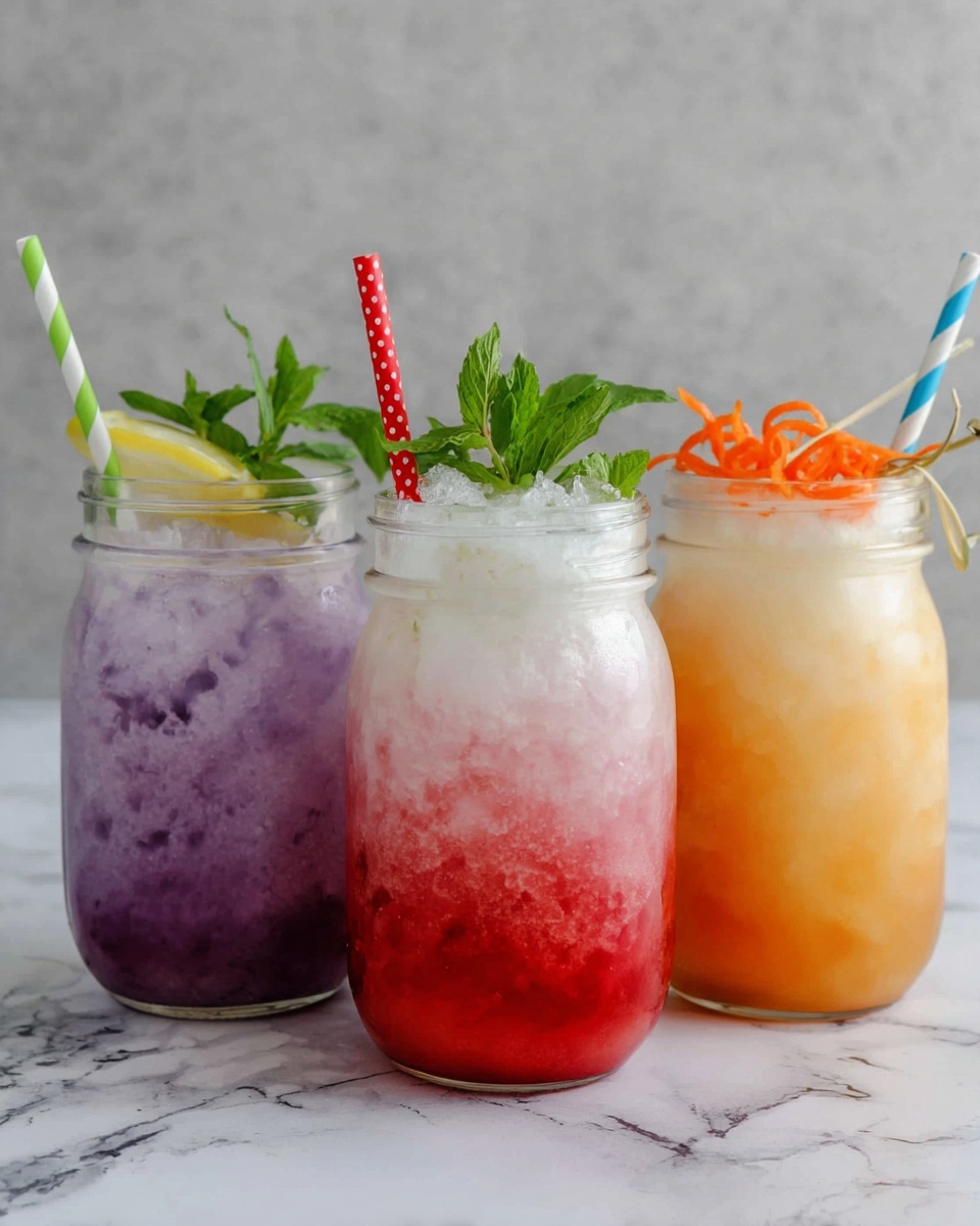 Three mason jar drinks sit side by side on a white marbled surface. The left jar has a purple drink with crushed ice, topped with a green and white striped straw and a lemon slice on the rim. The middle jar shows a red drink with crushed ice blending into a white layer on top, garnished with fresh green mint leaves and a red straw with white polka dots. The right jar contains an orange drink with crushed ice and a light orange creamy layer at the top, decorated with orange carrot curls on a skewer and a blue and white striped straw. The background is a soft grey texture. Photo taken with an iphone --ar 4:5 --v 7