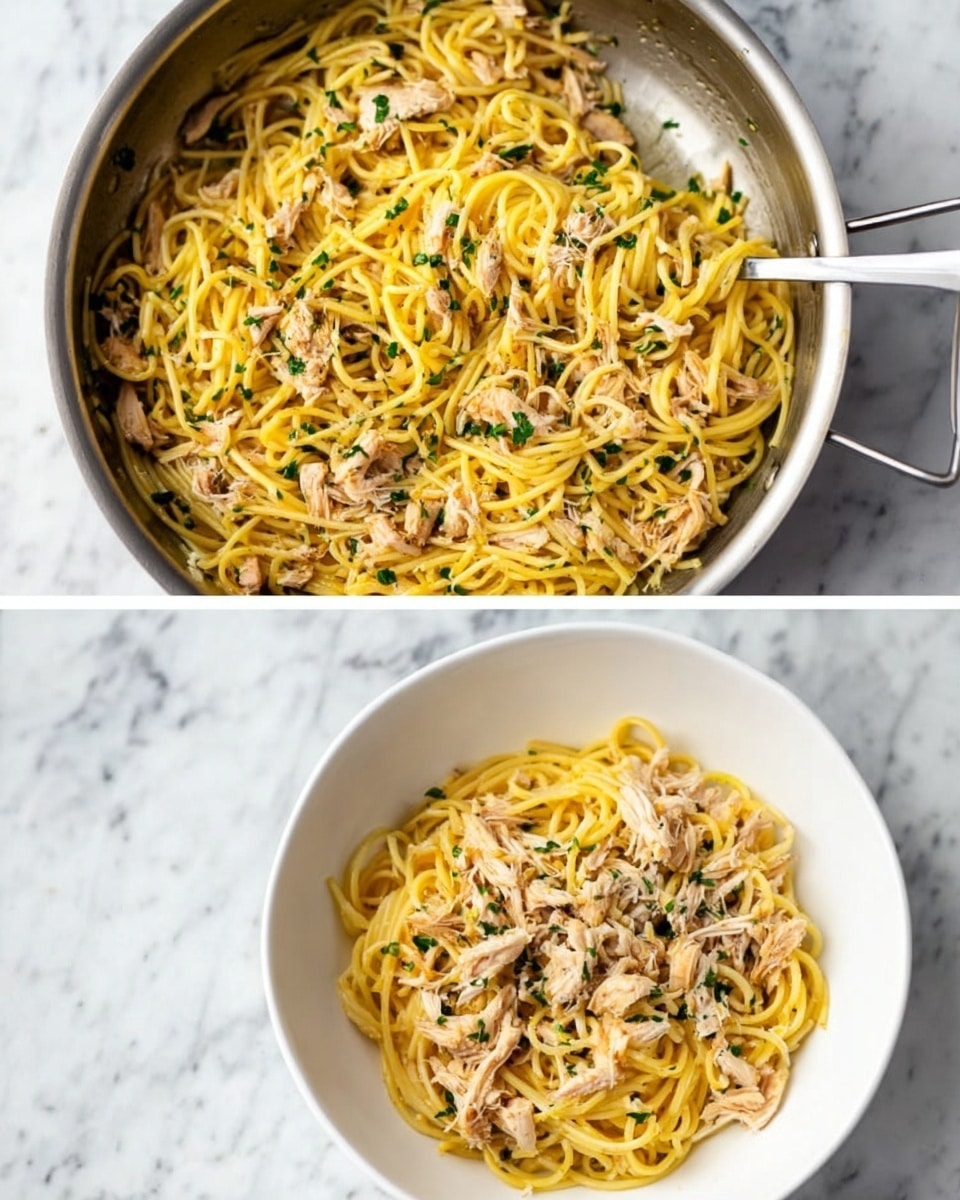 The first image shows a silver metal pan filled with yellow spaghetti mixed with small pieces of shredded light brown chicken and sprinkled with finely chopped green herbs on a white marbled surface. The second image displays a white bowl filled with yellow spaghetti, topped with shredded light brown chicken pieces and small green herbs scattered on top, also placed on a white marbled surface. photo taken with an iphone --ar 4:5 --v 7