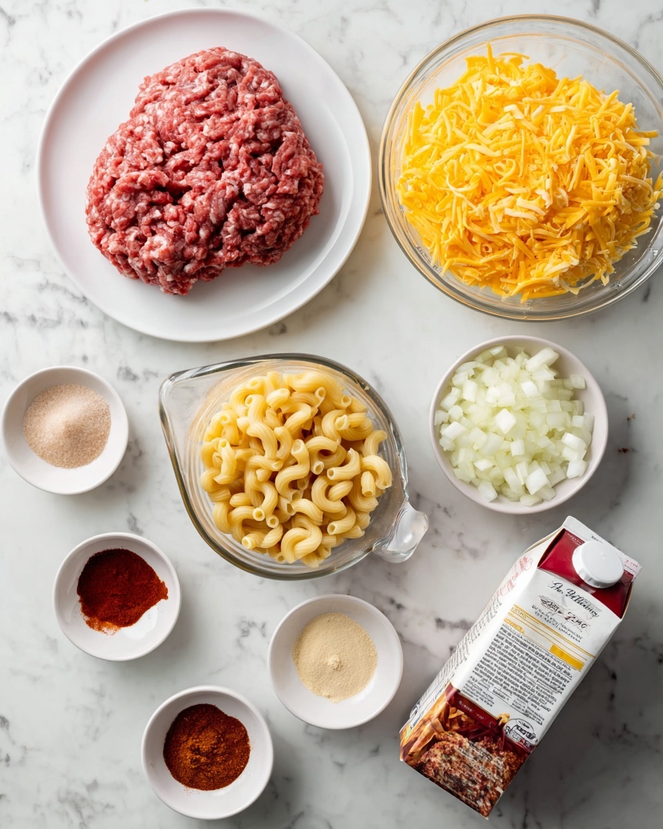 The image shows several ingredients arranged on a white marbled surface. At the top left, there is raw ground meat on a white plate, with a pinkish-red color and coarse texture. Next to it on the right, there is a clear glass bowl filled with shredded yellow cheese, soft and finely shredded. Below the meat, a transparent measuring cup holds small elbow macaroni pasta, light yellow and dry. To the right of the pasta, a small white bowl contains chopped white onions in small pieces. At the bottom left, three small white bowls hold different reddish-brown and light beige powders and pastes, each with smooth or slightly rough textures. On the right side at the bottom, there is a carton of broth with a red and white label, standing upright. The whole setup is neat and well-lit. Photo taken with an iphone --ar 4:5 --v 7