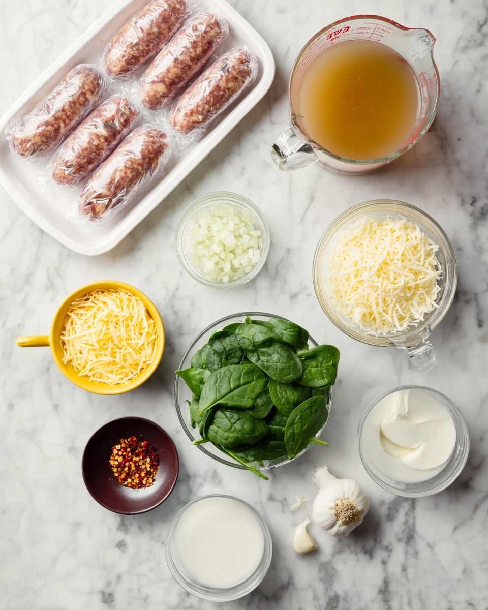 The image shows a white marbled surface with various ingredients arranged neatly. At the top left is a white tray holding six raw sausages wrapped in plastic. To the top right, there is a clear measuring cup filled with light brown broth. Moving down slightly, there is a small white bowl with finely chopped onions, alongside another clear measuring cup filled with shredded yellow cheese. Below them, another clear measuring cup contains a pile of fresh green spinach leaves, and nearby, a small dark bowl holds minced garlic. A small yellow bowl with red pepper flakes is positioned to the left. In the center bottom, a clear measuring cup has a white liquid, and next to it, another measuring cup contains grated parmesan cheese. photo taken with an iphone --ar 4:5 --v 7