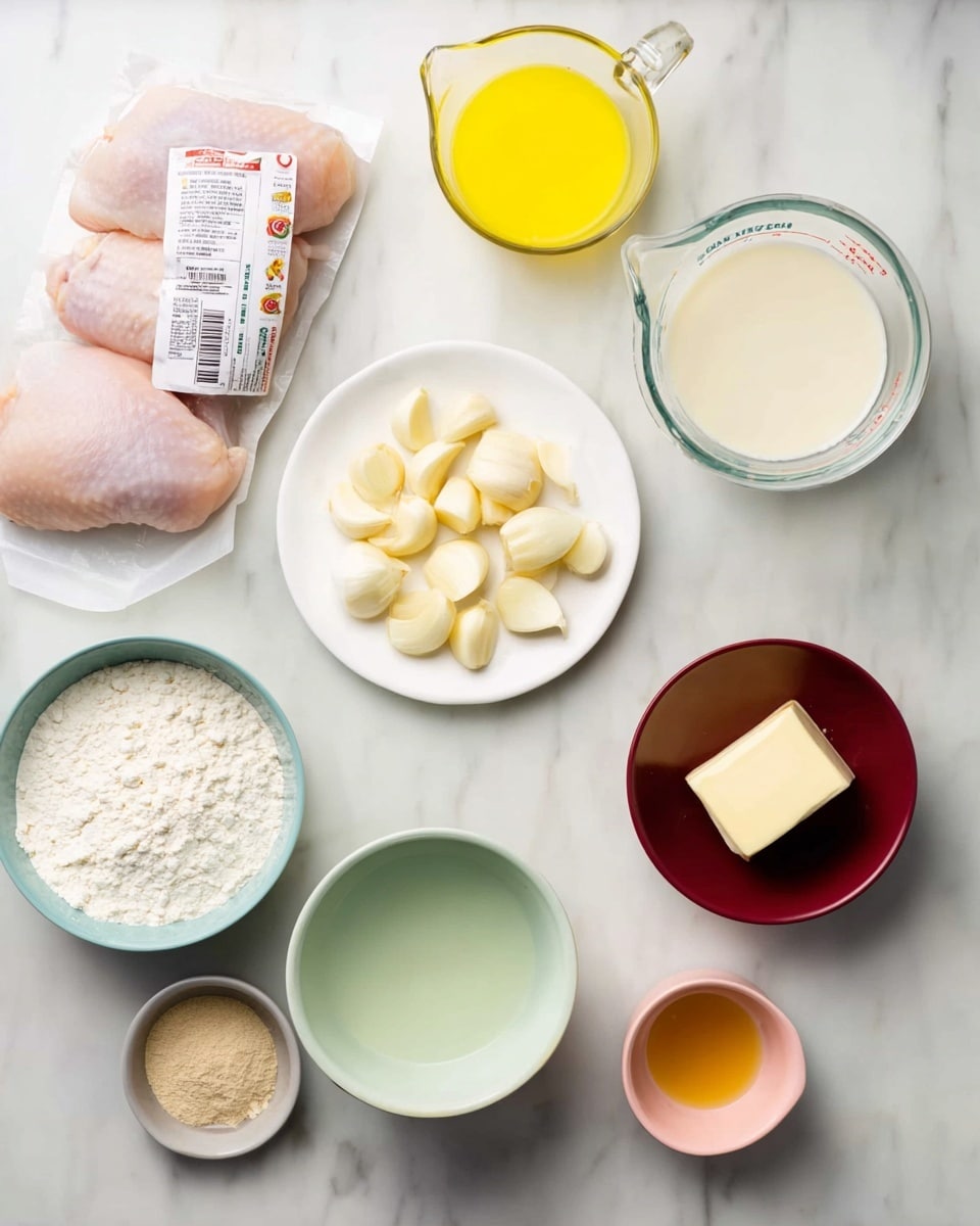 The image shows ingredients neatly arranged on a white marbled surface. In the upper left corner, there is a package of raw chicken. To the right of it, a clear measuring cup filled with yellow liquid sits near the top edge. Below the chicken, a small white round plate holds peeled garlic cloves. Near the center right, a larger clear measuring cup contains a white liquid. In the middle, a small pale blue bowl holds a light green liquid. Around the center bottom, a white bowl is filled with flour, while next to it, in the lower right corner, a small dark red bowl contains a chunk of butter. To the left of the butter, a small orange bowl contains a beige powdered substance, and near the bottom right, a tiny pink bowl holds a golden liquid. Photo taken with an iphone --ar 4:5 --v 7
