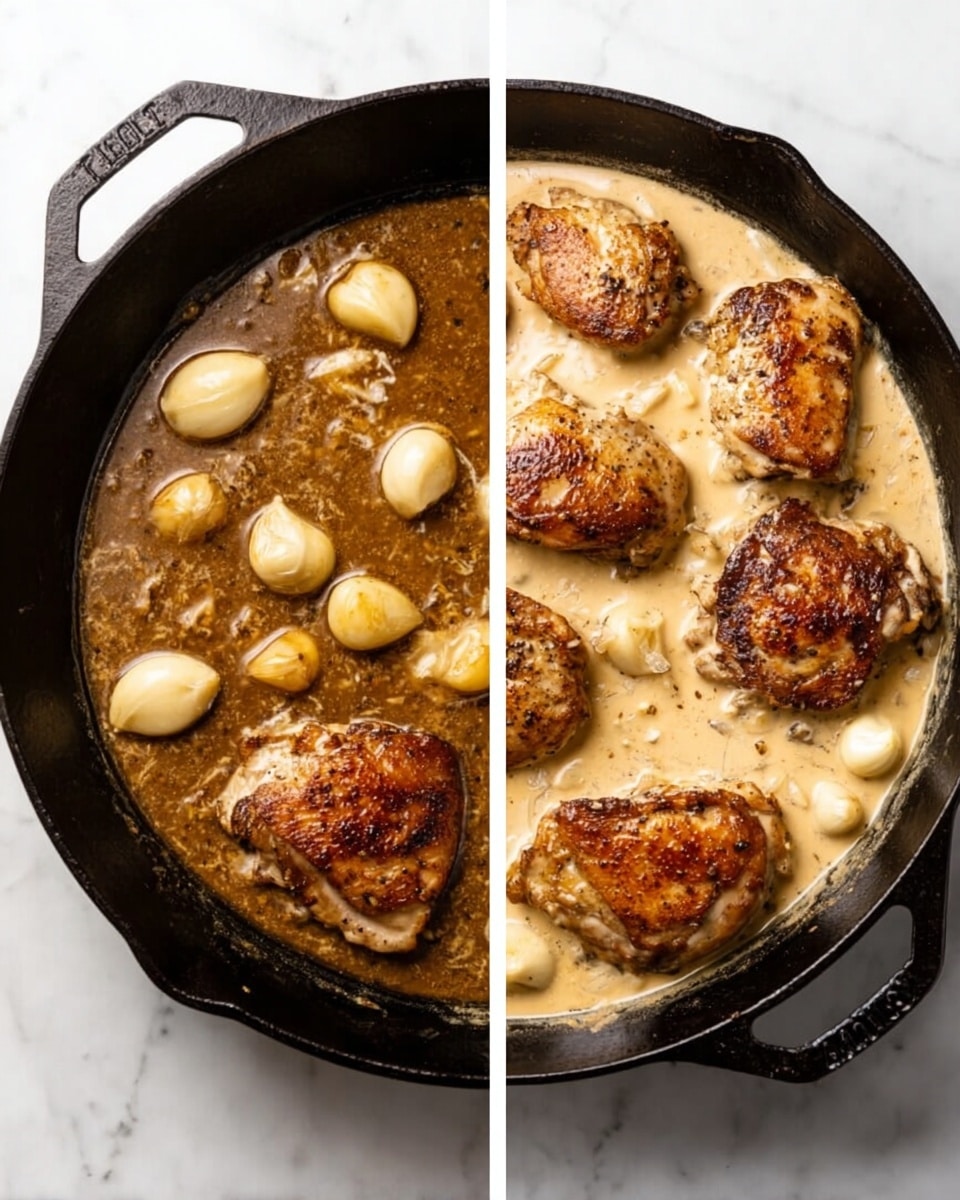 A black cast iron pan sits on a white marbled surface, shown in two side-by-side views. On the left side, the pan holds a dark brown sauce with several whole garlic cloves scattered and lightly browned, floating on top. On the right side, four browned chicken pieces cover most of the pan’s surface, partially submerged in a light creamy sauce with a smooth texture. Additional whole garlic cloves are visible around the chicken, some resting on the sauce. The contrast between the dark pan, the browned chicken, the creamy sauce, and the white marbled surface emphasizes the cooking progress. Photo taken with an iphone --ar 4:5 --v 7