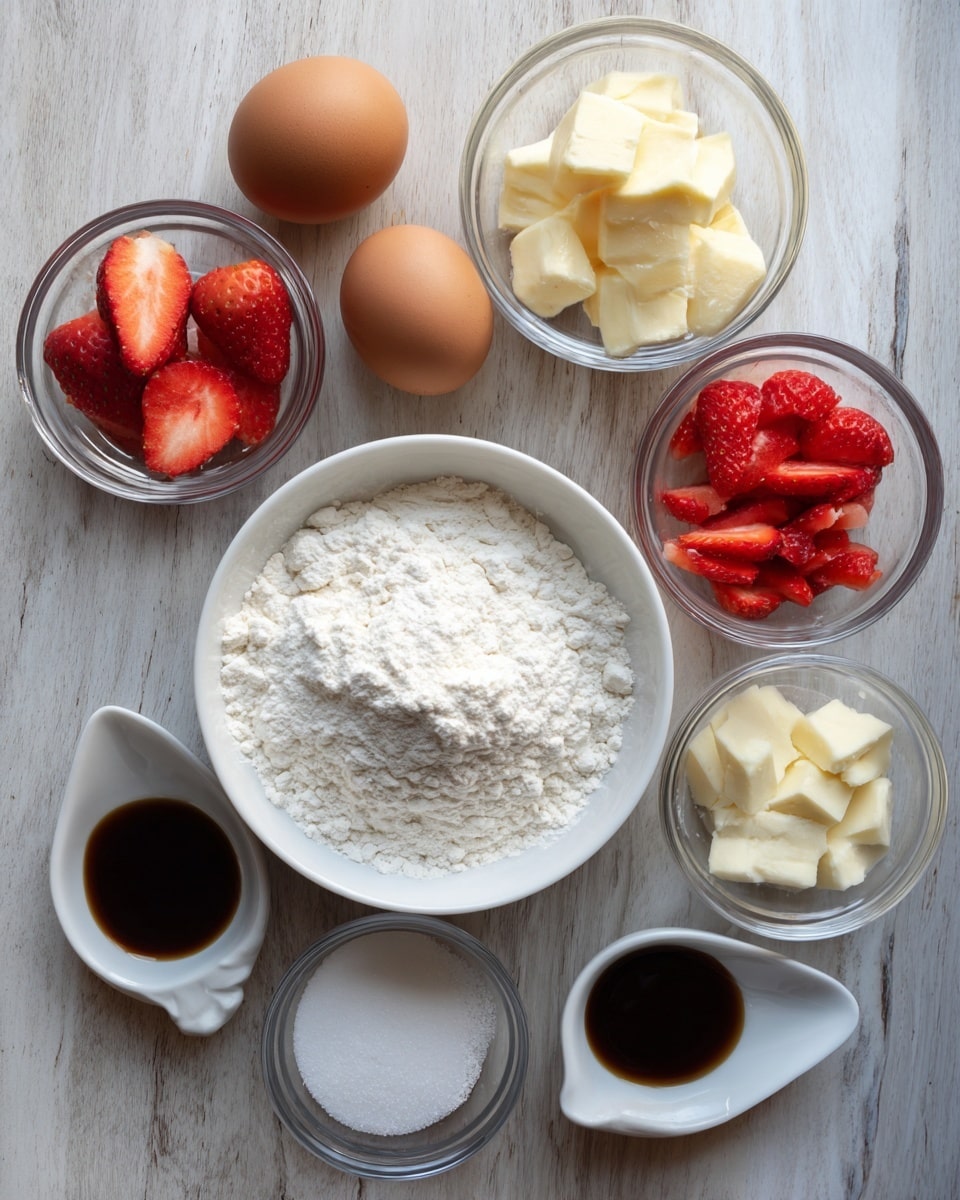 The image shows a white bowl filled with white flour placed at the center on a white marbled surface. Around the bowl are six smaller clear glass bowls and dishes containing different ingredients: two brown eggs, white sugar, sliced red strawberries, pale yellow butter chunks, and a white creamy substance. There are also two small white oval dishes holding a dark brown liquid and white powder. The arrangement is neat and organized, showcasing each ingredient clearly in separate containers. photo taken with an iphone --ar 4:5 --v 7