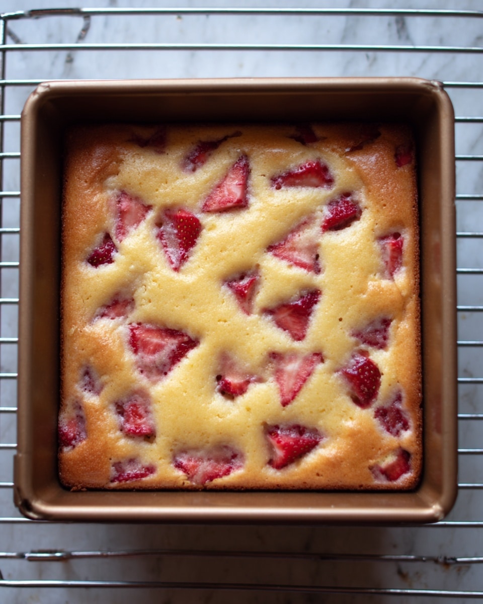 A square pan with golden-yellow cake that has many small, uneven pieces of red strawberries mixed inside and on top. The cake surface is smooth with a few soft cracks. The pan sits on a wire rack over a white marbled surface photo taken with an iphone --ar 4:5 --v 7