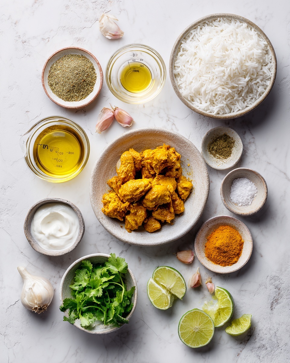 Top-down professional food photography flat lay style, bright white marble countertop, neatly arranged, evenly spaced, tidy, clean organized layout, include: bowl of prepared chicken pieces coated in turmeric and spices, small bowl of crushed garlic cloves, small bowl of turmeric powder, small bowl of ground cumin, small bowl of dried coriander, small bowl of dried oregano, small glass cup of olive oil, small glass measuring cup of chicken stock, small bowl of finely chopped onion, bowl of basmati rice, small plate with lime wedges, small bowl of Greek yogurt, small bowl of fresh coriander leaves, bright soft natural lighting, sharp focus, high detail textures, realistic reflections, professional DSLR look, 4K, no finished dish, no cooked food, no hands, no text, no watermark, no brand logos --ar 4:5 --v 7