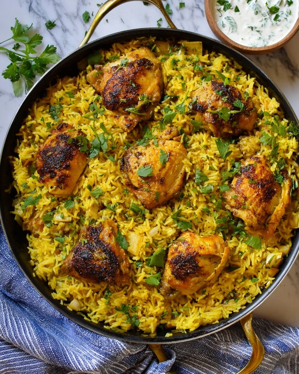A round black pan filled with bright yellow rice mixed with small chunks and topped with six browned chicken pieces scattered evenly on top. Fresh green herbs are sprinkled over the chicken and rice. The pan sits on a white marbled surface with a blue and white striped cloth nearby, and a small white bowl of white sauce with green herbs inside is placed next to the pan. photo taken with an iphone --ar 4:5 --v 7