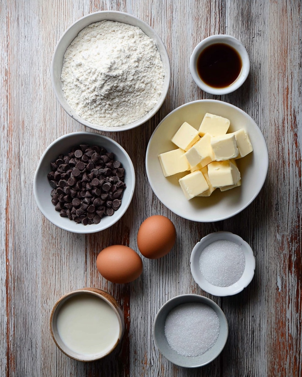 The image shows eight different ingredients arranged neatly on a wooden surface with a white marbled texture in spirit. At the top center, there is a bowl filled with white flour, which has a soft, powdery texture. Below and to the left is a smaller white bowl full of dark chocolate chips, smooth and shiny. To the right of the chips is a white bowl holding chunks of pale yellow butter, soft and creamy. Next to the butter, a small white dish contains white baking powder and soda in a fine powdered form. At the bottom center, two brown eggs with smooth shells are placed near a white bowl filled with white granulated sugar, sparkling slightly. To the left of the eggs, a small round white bowl holds a light cream-colored liquid, and next to it is a small white dish filled with dark brown vanilla extract. The whole setup is organized in a clean and simple way on the wooden surface. Photo taken with an iphone --ar 4:5 --v 7
