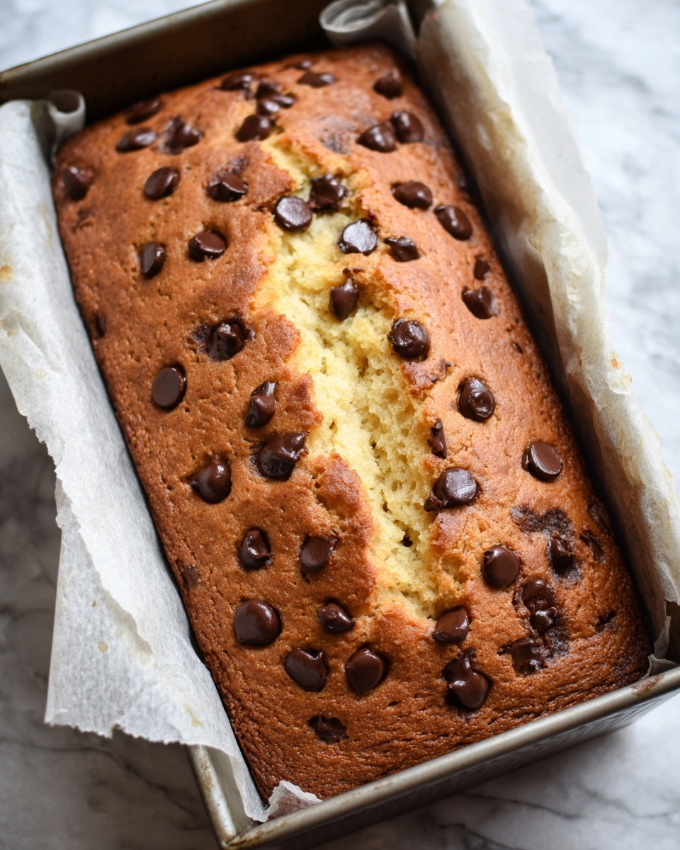 A fresh loaf cake sits in a rectangular metal baking tin lined with white parchment paper, with a golden brown crust and a soft light yellow center split down the middle, studded generously on top with round dark brown chocolate chips scattered unevenly across the surface, which has a slightly rough texture. The pane of baking tin rests on a white marbled surface. photo taken with an iphone --ar 4:5 --v 7