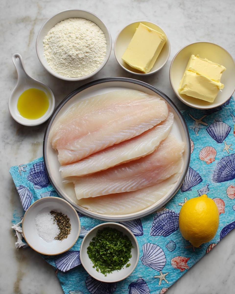The image shows five large, smooth, pale pink fish fillets lying flat and slightly overlapping on a round white plate with a thin grey rim. Around the plate, various small white bowls hold ingredients: one bowl with white flour at the top left, another bowl with two thick blocks of yellow butter next to it on the right. On the left side, two small spoon-shaped dishes hold olive oil and a mix of black pepper and white salt. Below, a small bowl contains chopped green herbs. A whole yellow lemon rests on the bottom right, all placed on a blue-and-white patterned cloth with seashell and starfish shapes, set on a white marbled surface. photo taken with an iphone --ar 4:5 --v 7