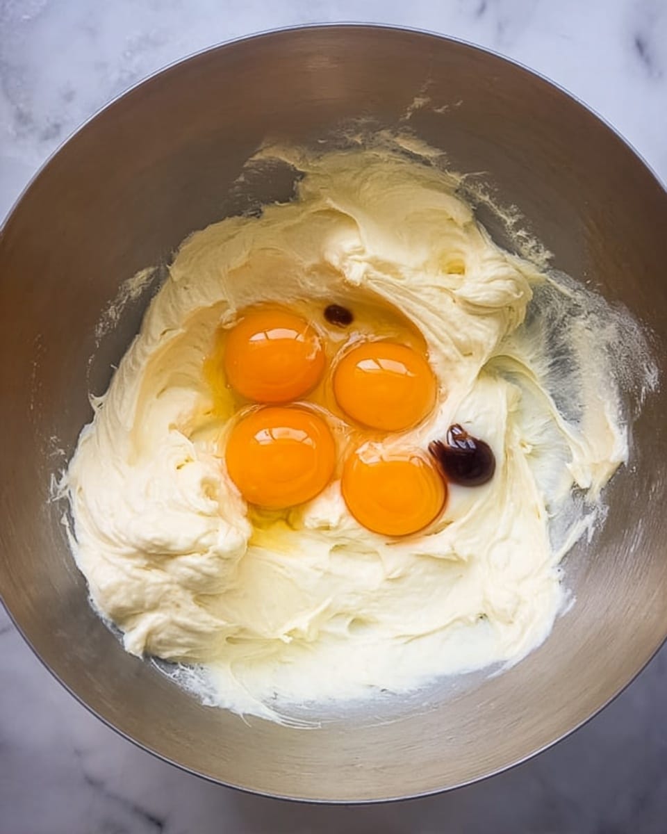 A close-up view shows a silver mixing bowl placed on a white marbled surface. Inside the bowl, there is a thick, creamy white batter spread unevenly with soft, smooth texture. On top of this batter, three whole raw eggs with bright orange yolks are positioned close together toward the center-right. There is a small dark brown liquid drop near the eggs, likely vanilla or another flavoring. The mixture layers create a contrast between the creamy batter and the shiny egg yolks, with a rich, fresh appearance. Photo taken with an iphone --ar 4:5 --v 7