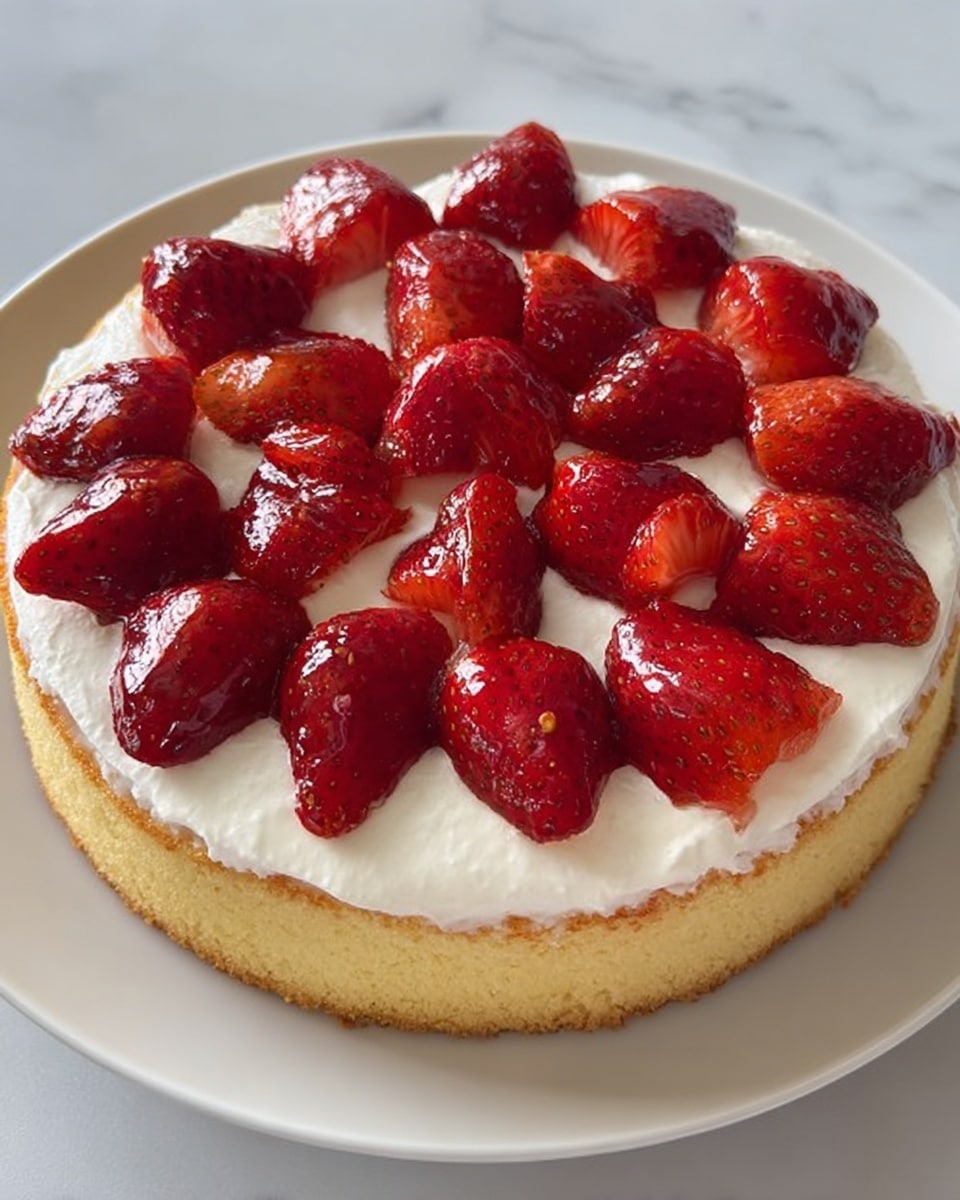 A round cake with one visible layer of light yellow sponge on the bottom, topped with a thick, even layer of white cream covering its entire surface. On top of the cream, there are shiny red strawberries cut in halves, arranged closely in a circular pattern, filling the whole top of the cake. The cake sits on a white plate placed on a white marbled texture surface. photo taken with an iphone --ar 4:5 --v 7
