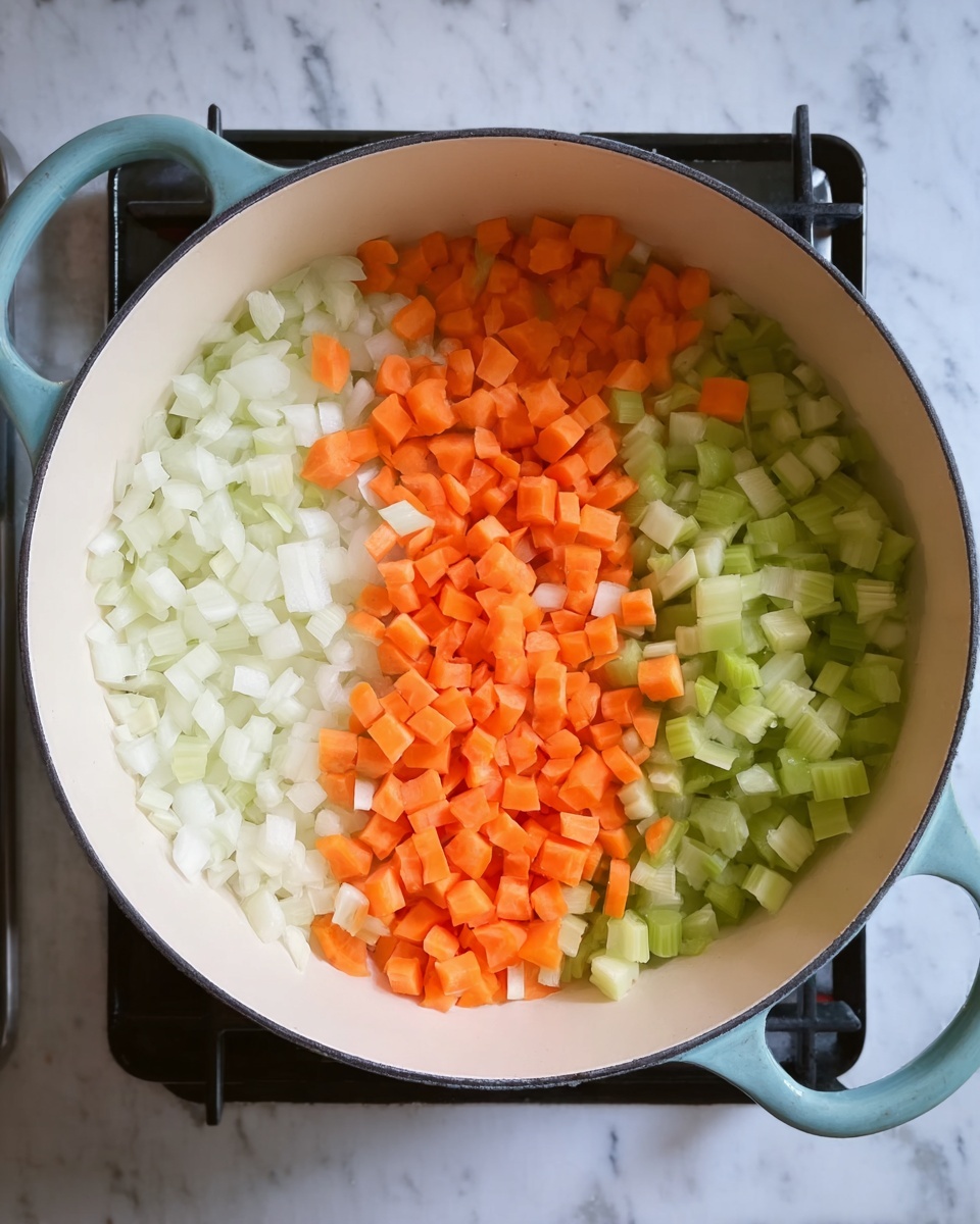 Inside a white pot with light blue handles, three layers of diced vegetables are arranged side by side. On the left, there is a layer of white chopped onions with a soft texture. Next to it, on the top right, sits a bright orange layer of diced carrots, showing a firm texture. Below the carrots, at the bottom right, is a layer of pale green celery pieces, also diced finely. The pot is placed on a black stove, and the background is a white marbled surface. photo taken with an iphone --ar 4:5 --v 7
