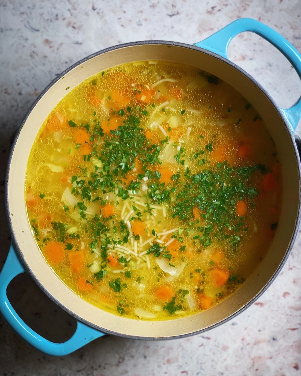 A light blue cooking pot filled with clear yellow broth soup, containing small pieces of orange carrots, white chunks of vegetables, and thin white strips of noodles. Bright green chopped herbs are spread on top, giving a fresh look. The pot has two handles on the sides and sits on a white marbled surface. Photo taken with an iphone --ar 4:5 --v 7