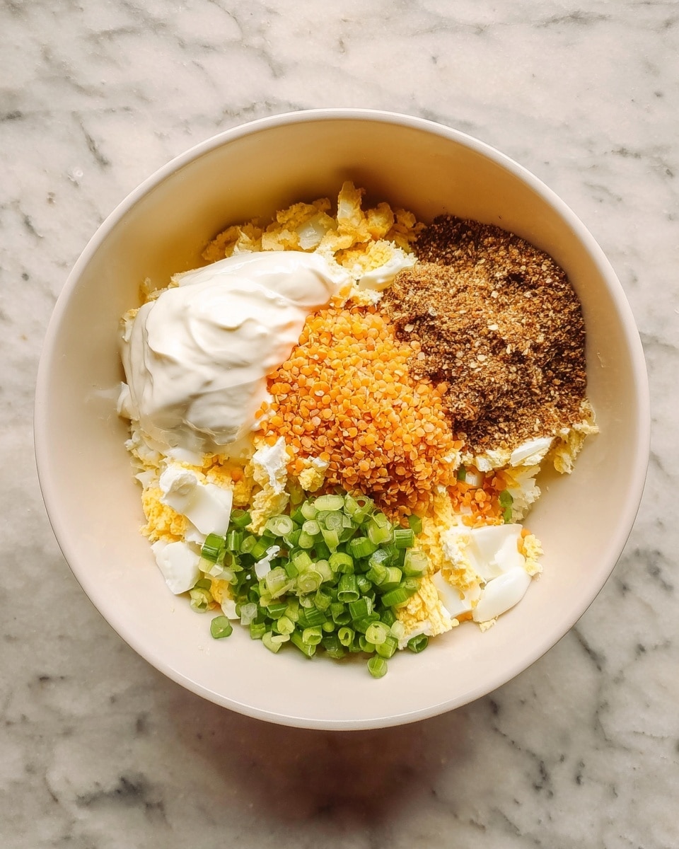 In the image, there is a white bowl filled with several ingredients placed on a white marbled surface. Inside the bowl, the bottom layer consists of finely chopped boiled eggs, showing white and yellow pieces spread out. On top, there are four distinct sections: a mound of creamy white yogurt or mayonnaise on the left, a serving of orange crushed lentils at the bottom center, a pile of green chopped spring onions at the bottom right, and a heap of brown ground flax seeds or spices at the top right. The ingredients are separated but close to each other, creating a colorful and textured mix. Photo taken with an iphone --ar 4:5 --v 7