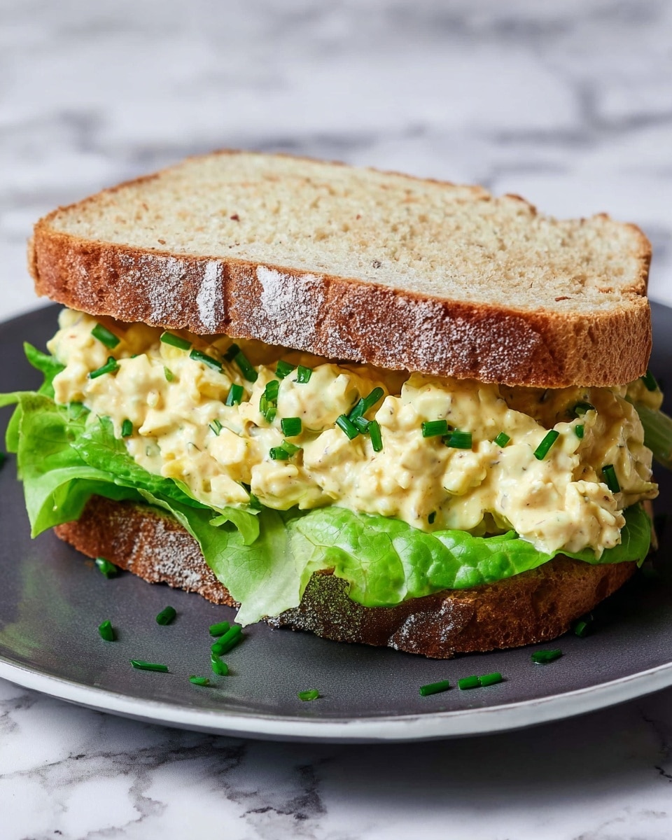 A sandwich with two thick slices of light brown bread dusted with flour, enclosing a creamy pale yellow egg salad mixed with small green chives scattered on top. Beneath the egg salad, there are fresh leafy green lettuce layers. The sandwich sits on a white plate with a simple design, all placed on a white marbled surface. Photo taken with an iphone --ar 4:5 --v 7