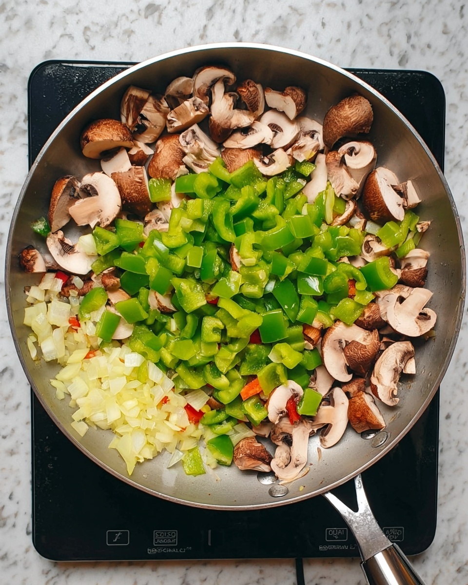 A cooking pan with three layers of chopped vegetables on a white marbled surface; the bottom layer consists of light yellow chopped onions, the middle layer has bright green chopped bell peppers scattered evenly, and the top layer shows sliced brown mushrooms with white inside, all mixed together. The pan has a shiny silver edge and handle, and it is placed on a black electric stove. Photo taken with an iphone --ar 4:5 --v 7