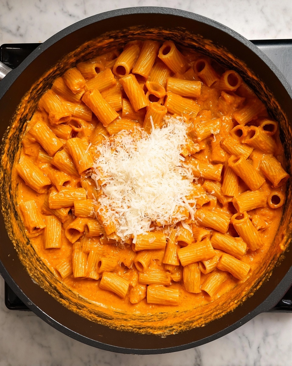 Inside a black cooking pot, there is a thick layer of tube-shaped pasta covered evenly with a smooth, bright orange sauce. In the center, a small pile of finely grated white cheese sits on top of the pasta, creating a soft contrast to the vibrant sauce. The pasta pieces are uniform in size, and the sauce clings closely to their ridged surfaces. The pot is set on a white marbled surface, showing hints of sauce coating the inner sides near the top edges. photo taken with an iphone --ar 4:5 --v 7