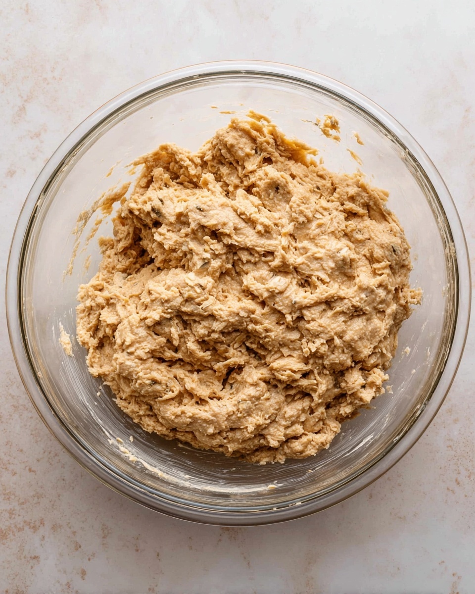 A clear glass bowl is filled with thick, light brown dough mixed with oats, showing a rough and chunky texture all around. The dough looks soft and sticky, with the oats visible throughout in uneven, layered clumps. The bowl sits on a white marbled surface, and no other objects are in the frame. The photo captures the dough from above, highlighting the uneven mixture inside the bowl, with some dough stuck along the inner sides. Photo taken with an iphone --ar 4:5 --v 7