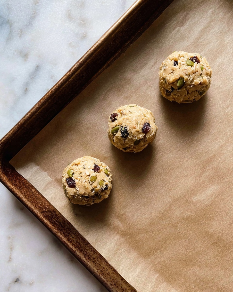 Three round balls of cookie dough sit spaced apart on a baking tray lined with brown parchment paper. Each dough ball shows a rough texture with small bits of green pumpkin seeds and dark raisins visible. The baking tray is dark metal and is placed on a white marbled surface. photo taken with an iphone --ar 4:5 --v 7