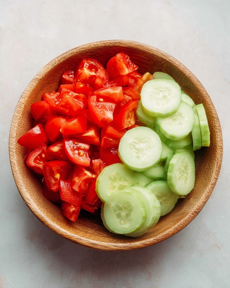 A round wooden bowl on a white marbled surface filled with two layers of fresh vegetables, with bright red chopped tomatoes on the left side and light green cucumber slices on the right side. The tomatoes are chunky and glossy, while the cucumber slices are smooth, circular, and slightly translucent, with some slices stacked neatly. The bowl is viewed from above, showing the clear division of colors and textures inside. Photo taken with an iphone --ar 4:5 --v 7