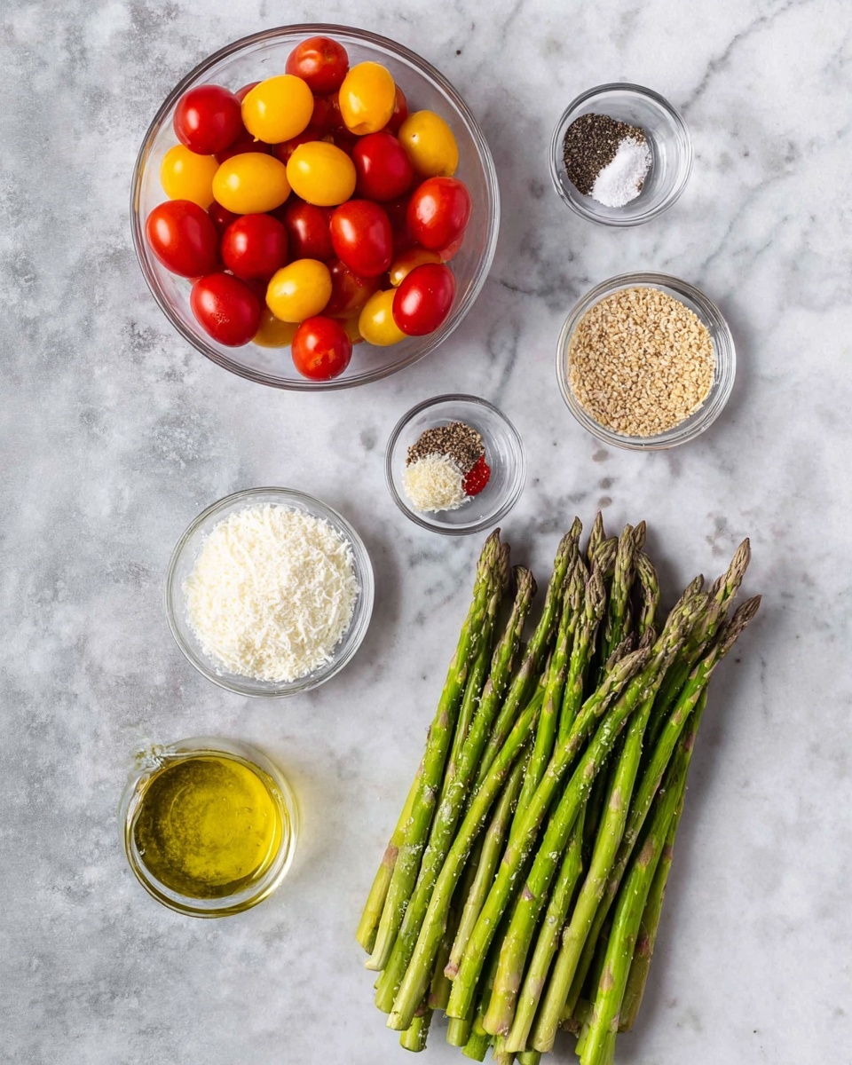The image shows ingredients arranged on a white marbled surface. In the lower right corner, there is a bunch of fresh green asparagus laid out in a neat pile. To the left, a small clear bowl filled with a mix of red and yellow cherry tomatoes sits. Around the top area, four small clear bowls hold different seasonings: one with black pepper, one with salt, one with light brown sesame seeds, and one with a crushed nut or breadcrumb mixture. Below these, a small clear bowl of grated white cheese is placed near the center. In the bottom left corner, there is a small clear bowl with a golden oil. Photo taken with an iphone --ar 4:5 --v 7