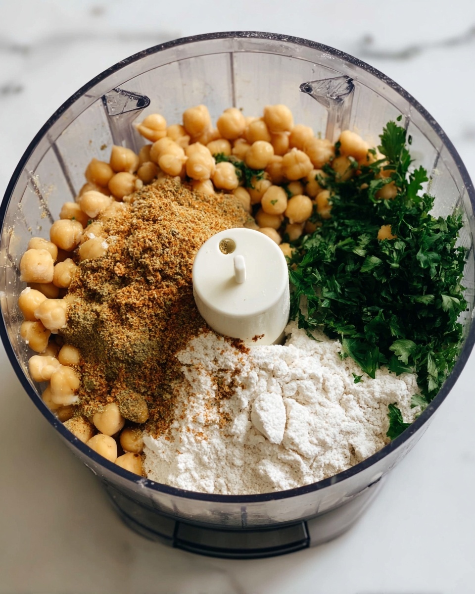 A clear food processor bowl sits on a white marbled surface, filled with four main layers. On the left side, there are pale yellow chickpeas mostly uncovered and sprinkled with a brown spice powder that has a grainy texture. To the right of the chickpeas is a soft, white flour-like powder heaped in a thick layer. Behind the flour layer, fresh dark green leafy parsley is placed, partly mixed with more chickpeas. The food processor blade, small and white, stands at the center of the bowl. Photo taken with an iphone --ar 4:5 --v 7