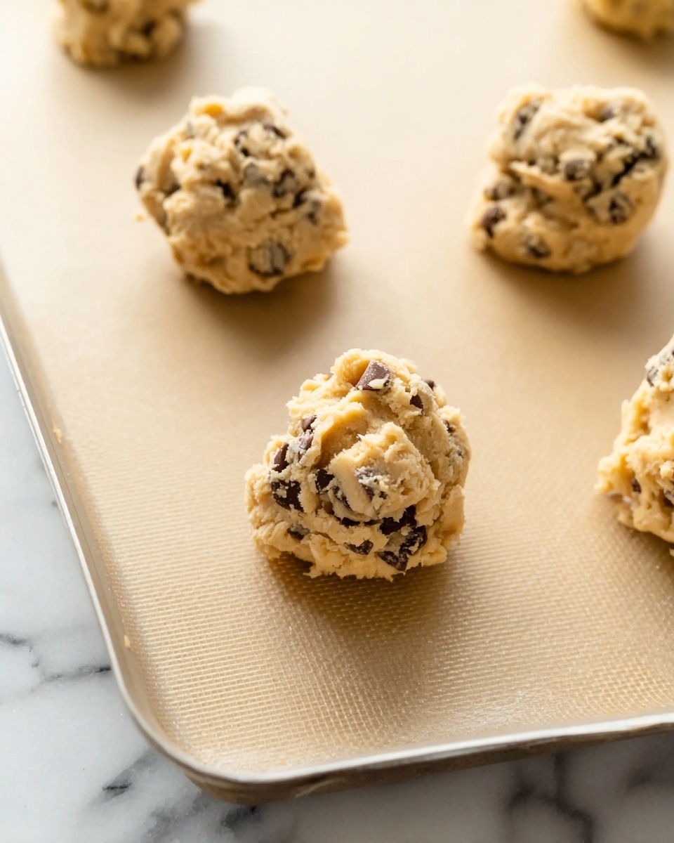 The image shows five rounded dollops of light beige cookie dough with visible dark chocolate pieces spread evenly throughout. The dough balls have a rough texture and are placed on a beige baking tray or mat that rests on a white marbled surface. The cookie dough mounds are arranged with one in the center and the others spaced around it, all appearing slightly moist and ready to bake. photo taken with an iphone --ar 4:5 --v 7