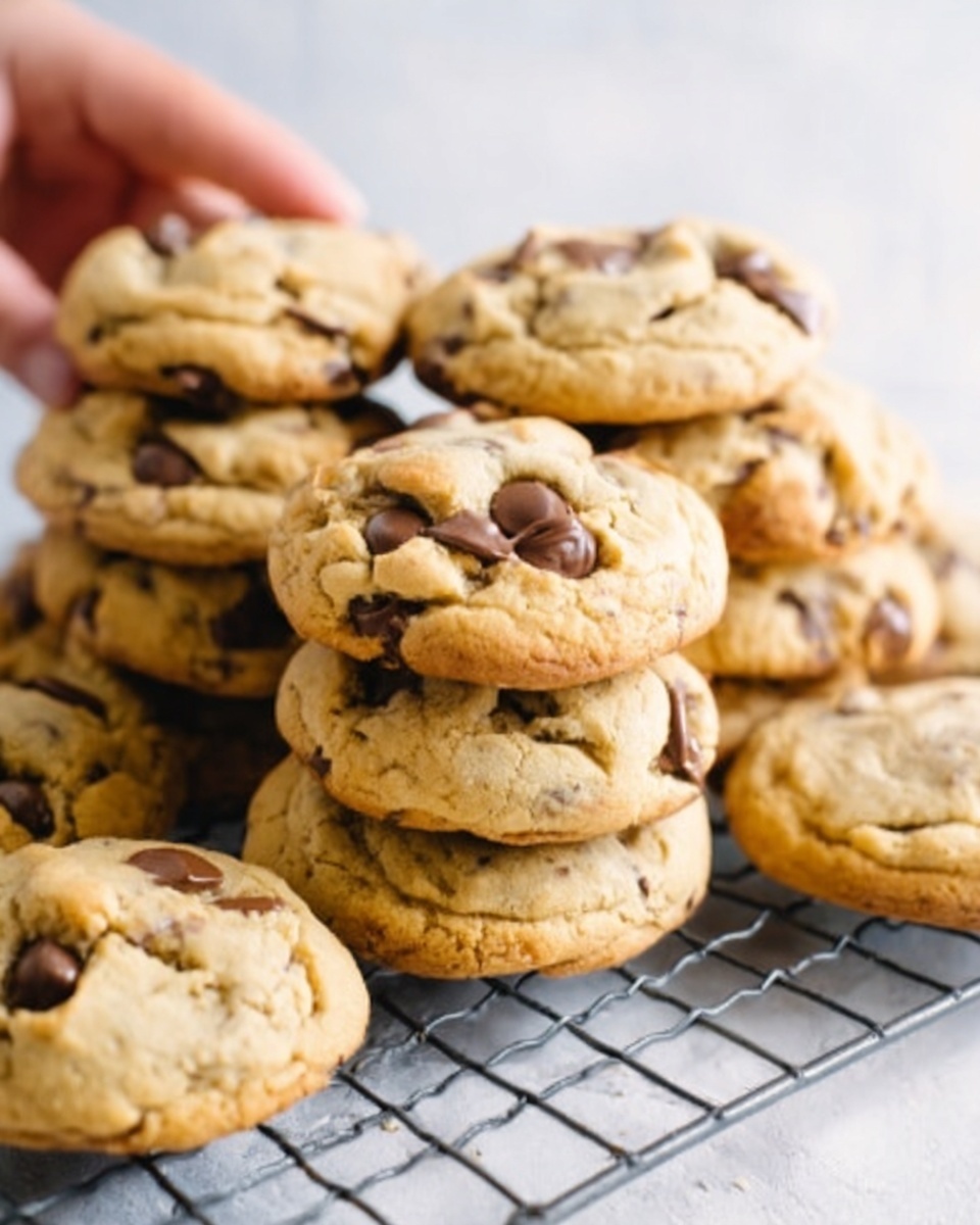 A pile of soft chocolate chip cookies stacked together on a cooling rack, each cookie showing a light golden-brown top with round, melted dark chocolate chips slightly sunk in the surface. The cookies have a slightly cracked texture and look thick and chewy. The scene sits on a white marbled surface, giving a clean and bright background. A woman's hand reaches in from the side towards the cookies. photo taken with an iphone --ar 4:5 --v 7